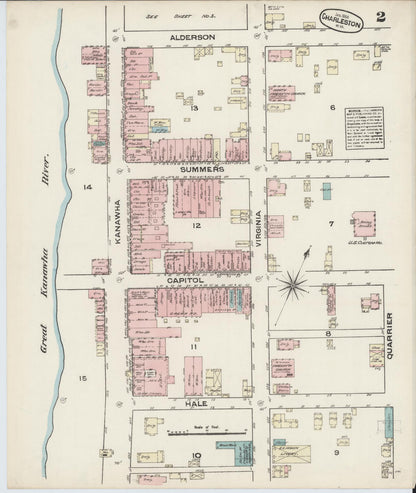 Sanborn Fire Insurance Map from Charleston, Kanawha County, West Virginia (1884), Sheet #0002 - Complete Map Set gallery image, historic Sanborn map, vintage wall art, West Virginia West Virginia