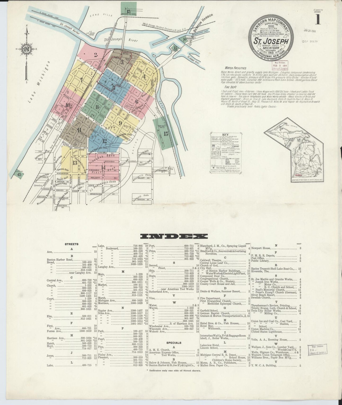 Sanborn Fire Insurance Map from Saint Joseph, Berrien County, Michigan (1913), Sheet #0001 - Complete Map Set gallery image, historic Sanborn map, vintage wall art, Michigan Michigan