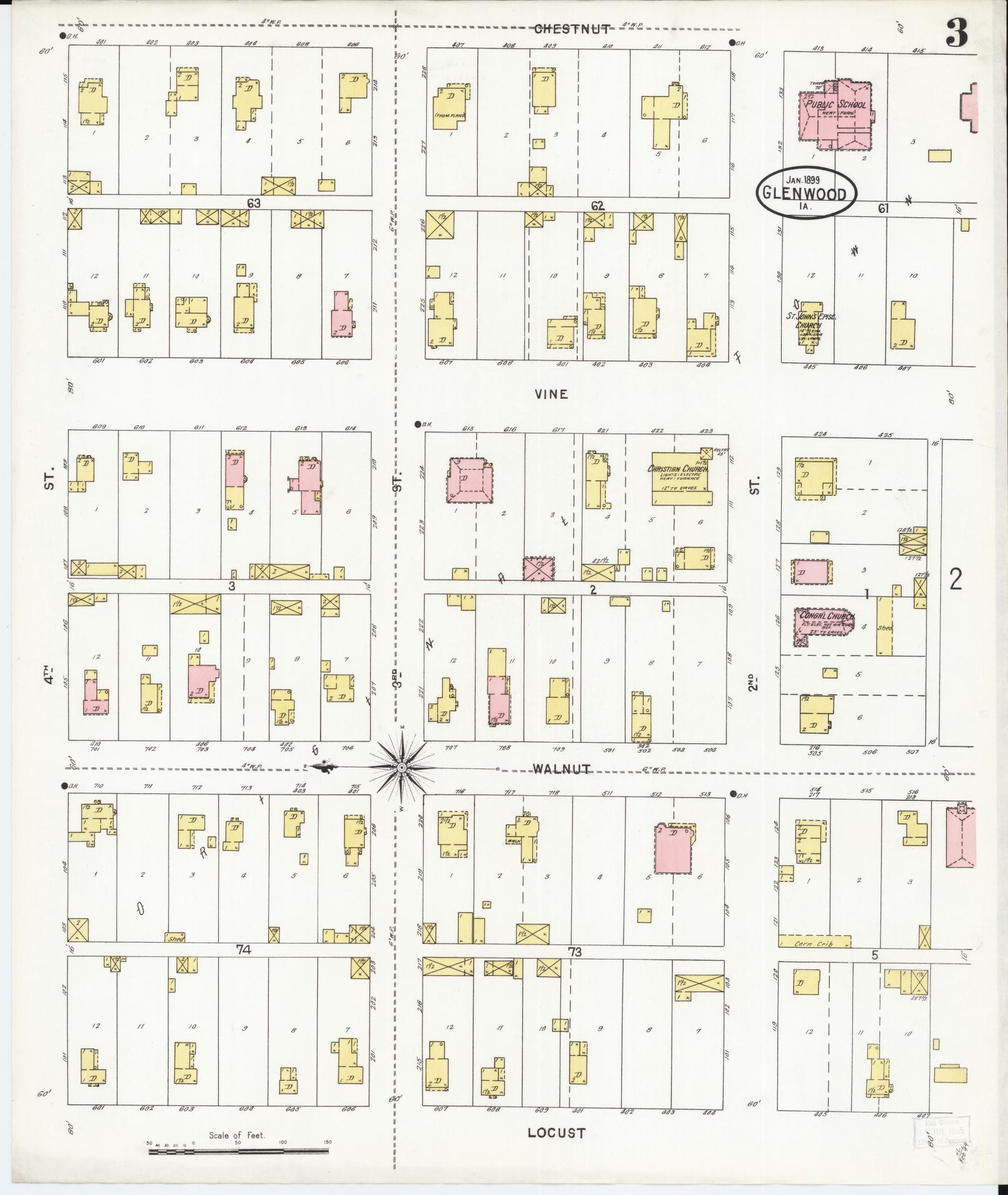 Sanborn Fire Insurance Map from Glenwood, Mills County, Iowa (1899), Sheet #0003 - Historic Sanborn Fire Insurance Map Print, vintage old map wall art