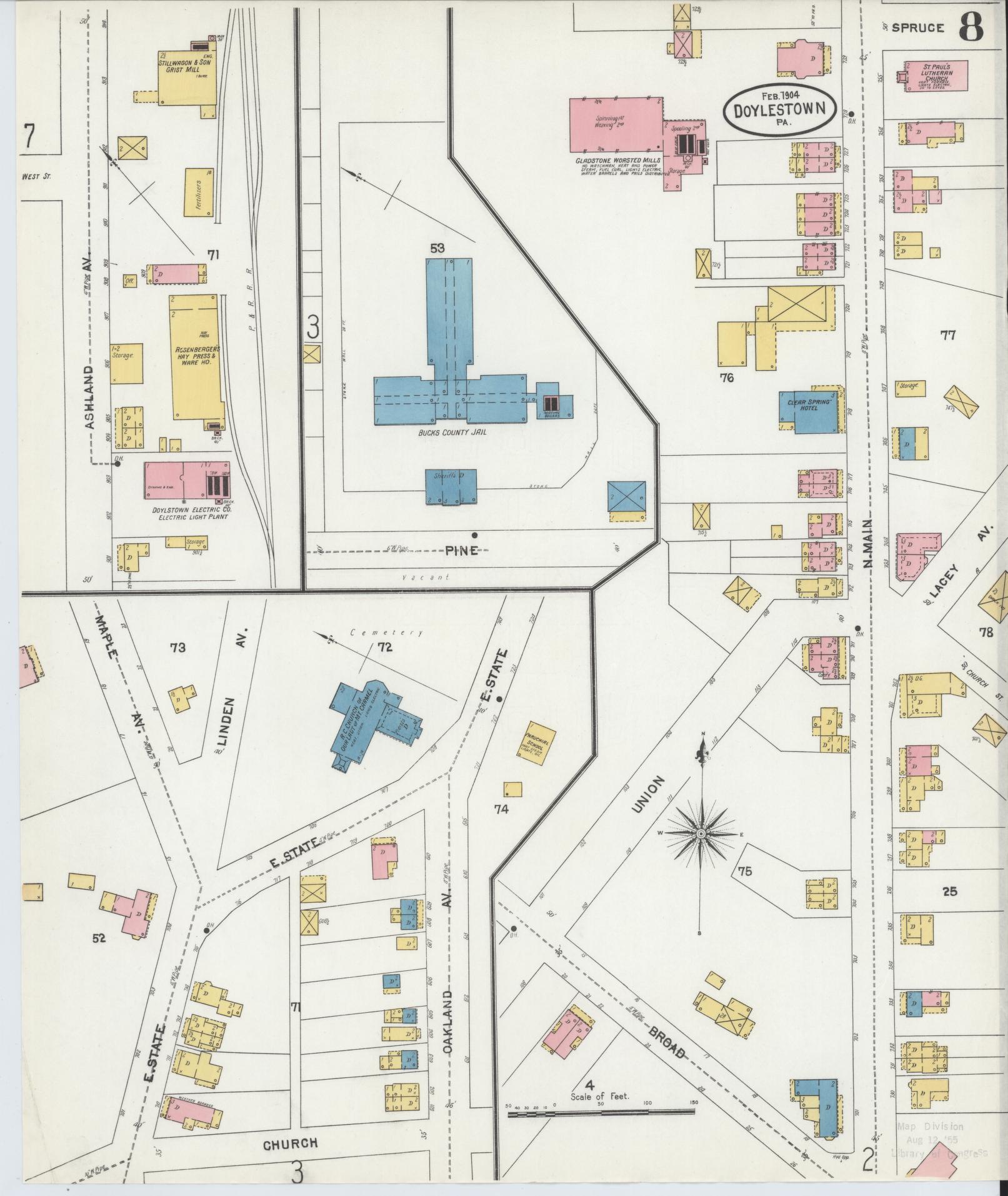 Sanborn Fire Insurance Map from Doylestown, Bucks County, Pennsylvania (1904), Sheet #0008 - Historic Sanborn Fire Insurance Map Print, vintage old map wall art, antique decor, genealogy gift, Pennsylvania Pennsylvania map