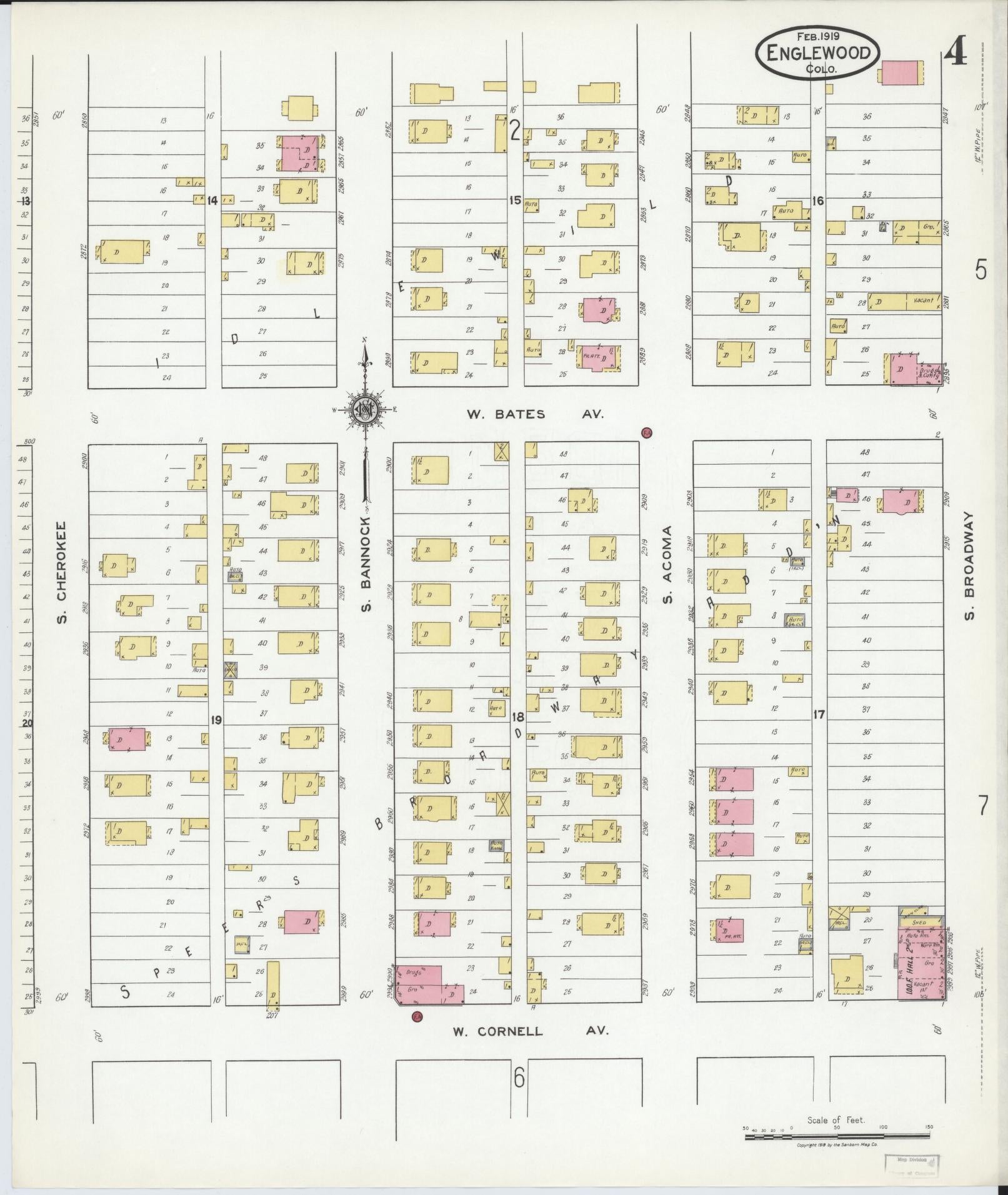 Sanborn Fire Insurance Map from Englewood, Arapahoe County, Colorado (1919), Sheet #0004 - Historic Sanborn Fire Insurance Map Print, vintage old map wall art, antique decor, genealogy gift, Colorado Colorado map
