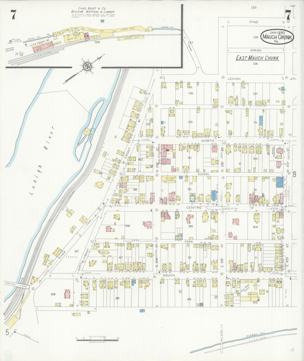 Sanborn Fire Insurance Map from Mauch Chunk, Carbon County, Pennsylvania (1930), Sheet #0007 - Historic Sanborn Fire Insurance Map Print, vintage old map wall art, antique decor, genealogy gift, Pennsylvania Pennsylvania map