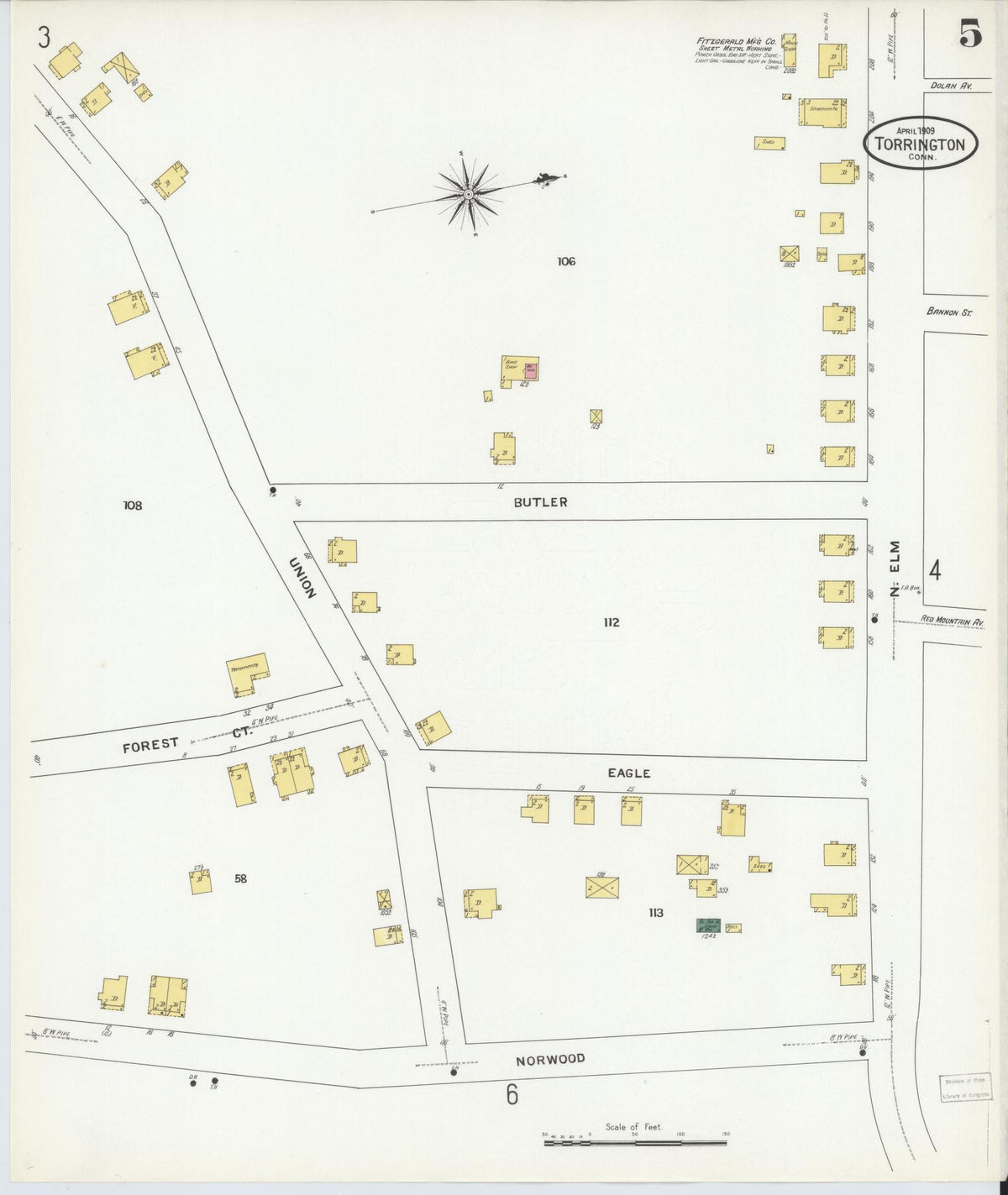 Sanborn Fire Insurance Map from Torrington, Litchfield County, Connecticut (1909), Sheet #0005 - Historic Sanborn Fire Insurance Map Print, vintage old map wall art, antique decor, genealogy gift, Connecticut Connecticut map