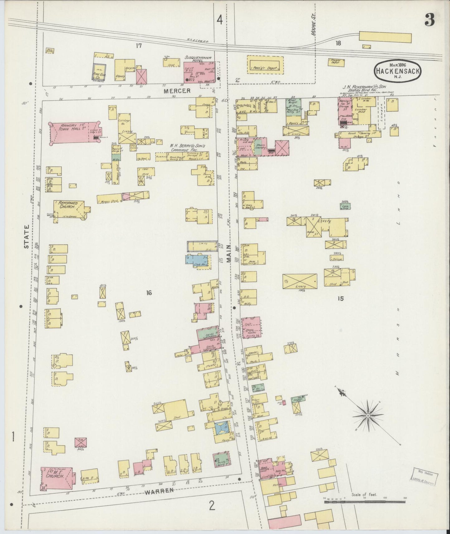 Sanborn Fire Insurance Map from Hackensack, Bergen County, New Jersey (1896), Sheet #0003 - Complete Map Set gallery image, historic Sanborn map, vintage wall art, New Jersey New Jersey