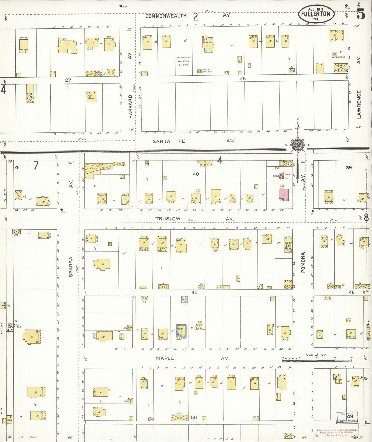 Sanborn Fire Insurance Map from Fullerton, Orange County, California (1911), Sheet #0005 - Historic Sanborn Fire Insurance Map Print, vintage old map wall art, antique decor, genealogy gift, California California map