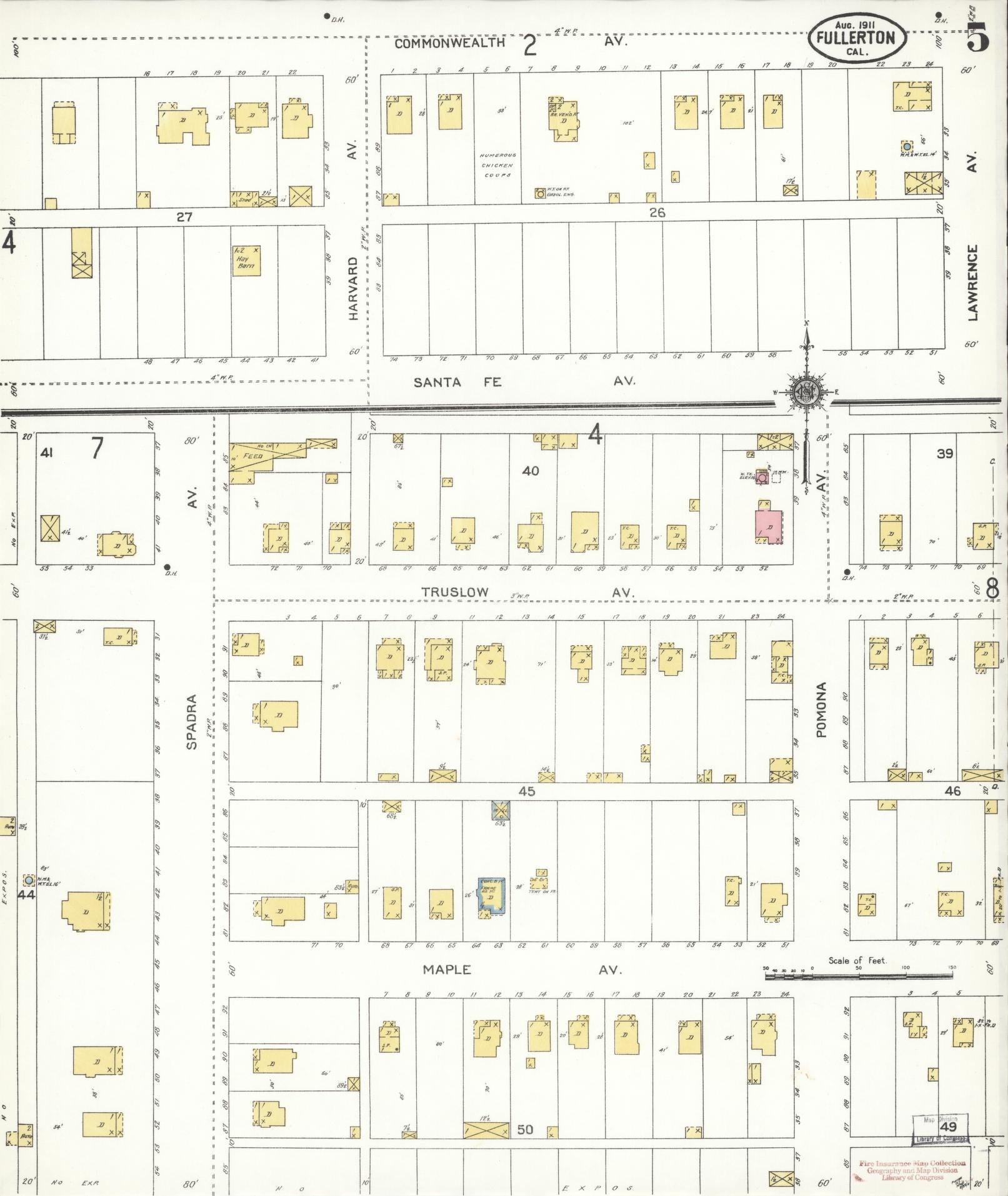 Sanborn Fire Insurance Map from Fullerton, Orange County, California (1911), Sheet #0005 - Historic Sanborn Fire Insurance Map Print, vintage old map wall art, antique decor, genealogy gift, California California map