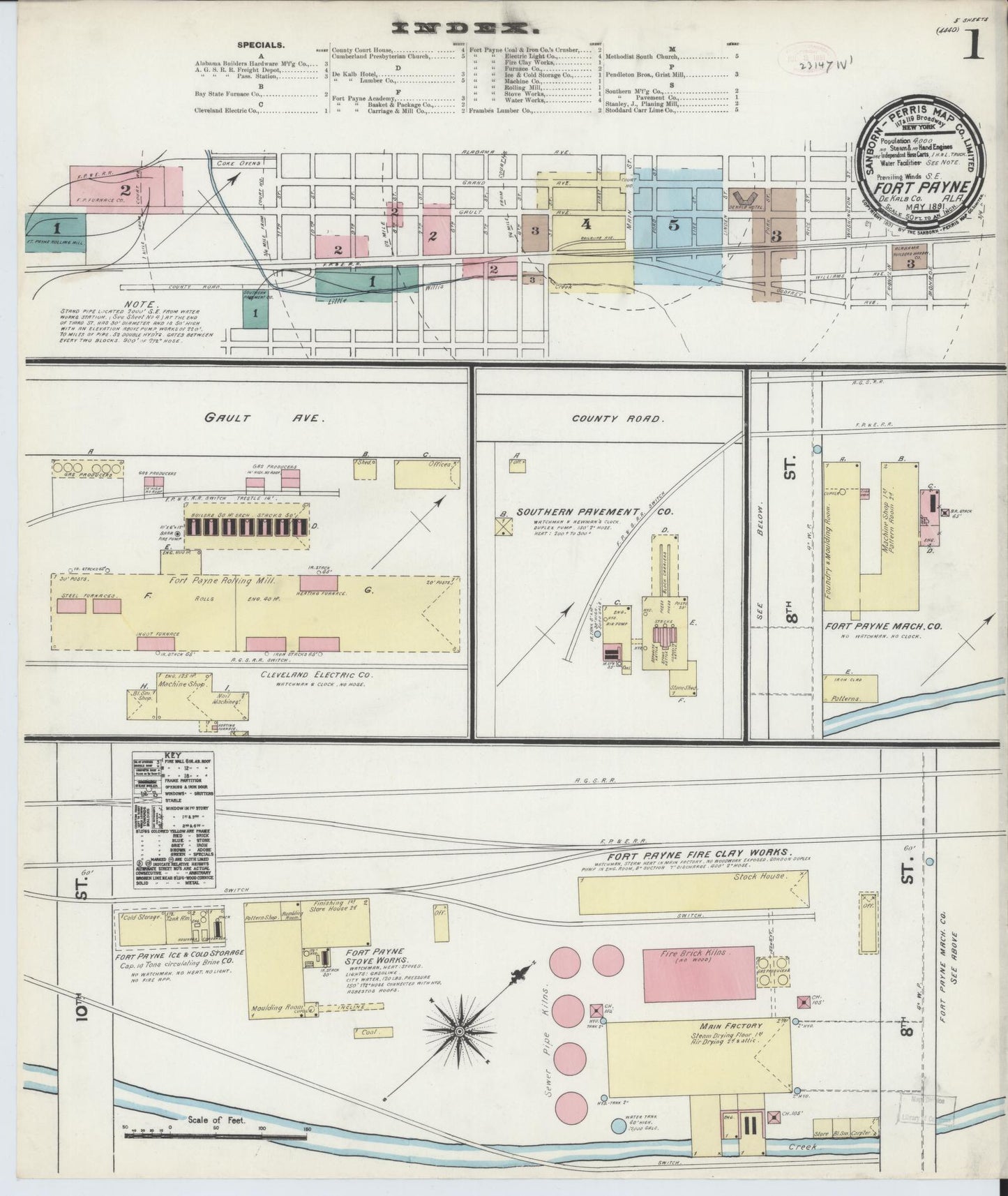 Sanborn Fire Insurance Map from Fort Payne, Dekalb County, Alabama (1891), Sheet #0001 - Complete Map Set gallery image, historic Sanborn map, vintage wall art, Alabama Alabama