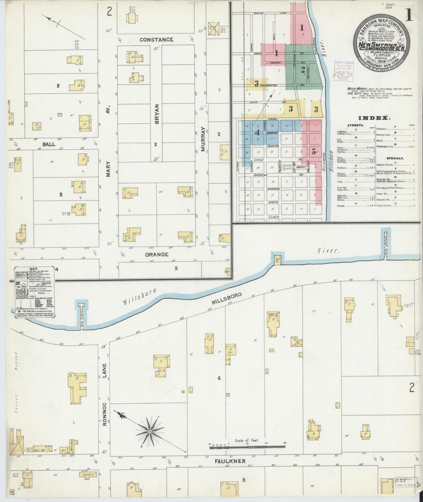 Sanborn Fire Insurance Map from New Smyrna, Valusia County, Florida (1906), Sheet #0001 - Complete Map Set gallery image, historic Sanborn map, vintage wall art, Florida Florida