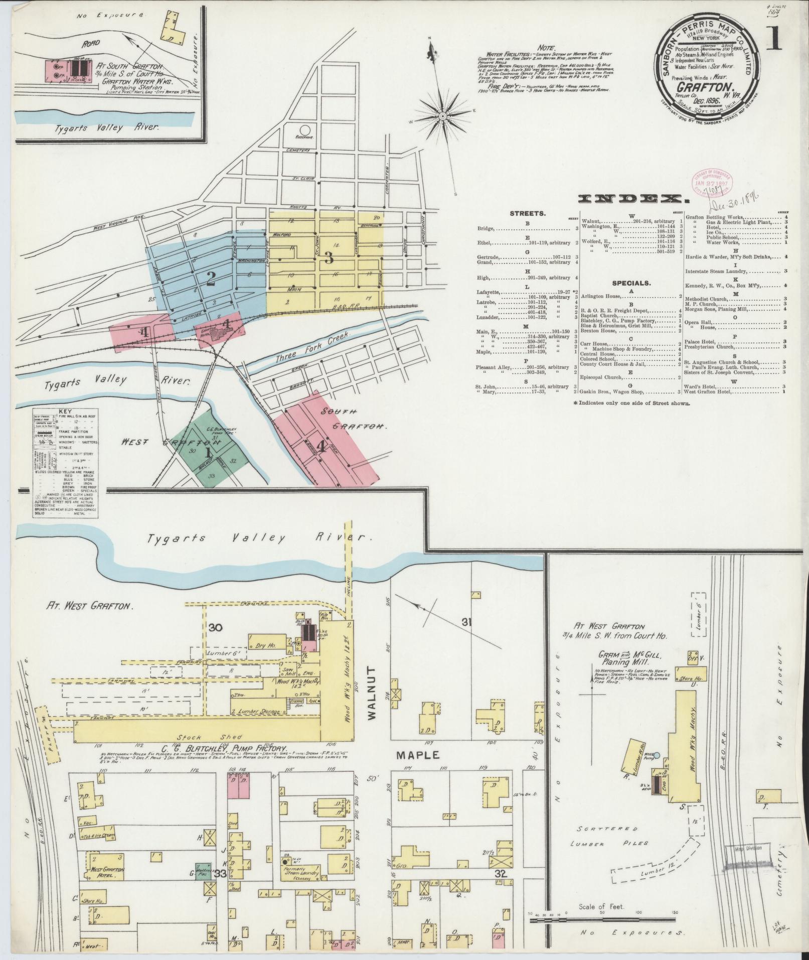 Sanborn Fire Insurance Map from Grafton, Taylor County, West Virginia (1896), Sheet #0001 - Complete Map Set gallery image, historic Sanborn map, vintage wall art, West Virginia West Virginia