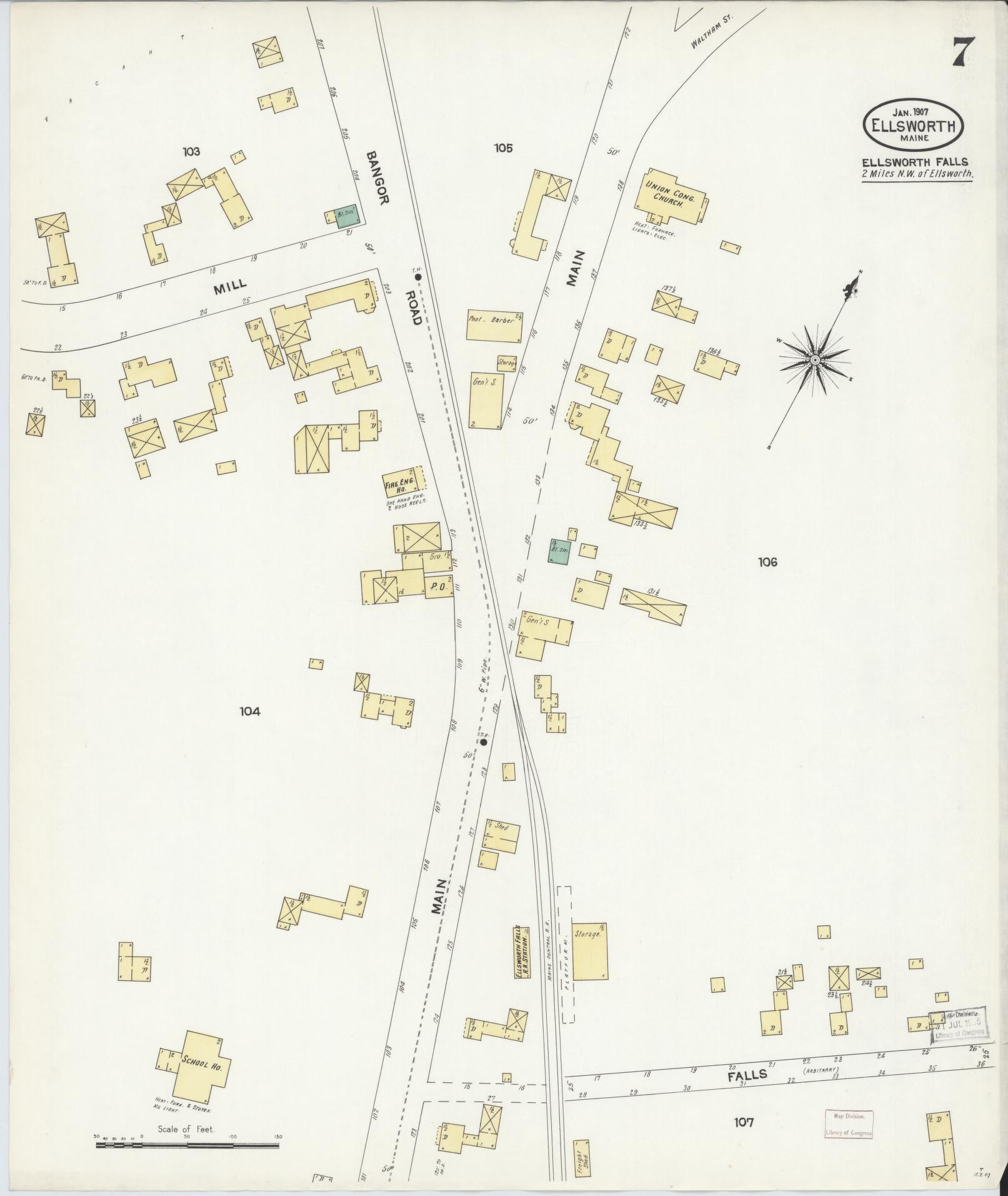 Sanborn Fire Insurance Map from Ellsworth, Hancock County, Maine (1907), Sheet #0007 - Historic Sanborn Fire Insurance Map Print, vintage old map wall art, antique decor, genealogy gift, Maine Maine map