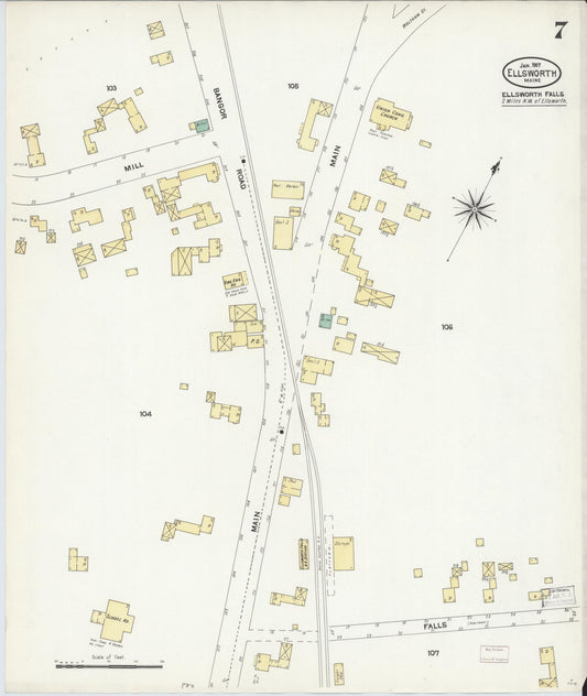 Sanborn Fire Insurance Map from Ellsworth, Hancock County, Maine (1907), Sheet #0007 - Historic Sanborn Fire Insurance Map Print, vintage old map wall art, antique decor, genealogy gift, Maine Maine map
