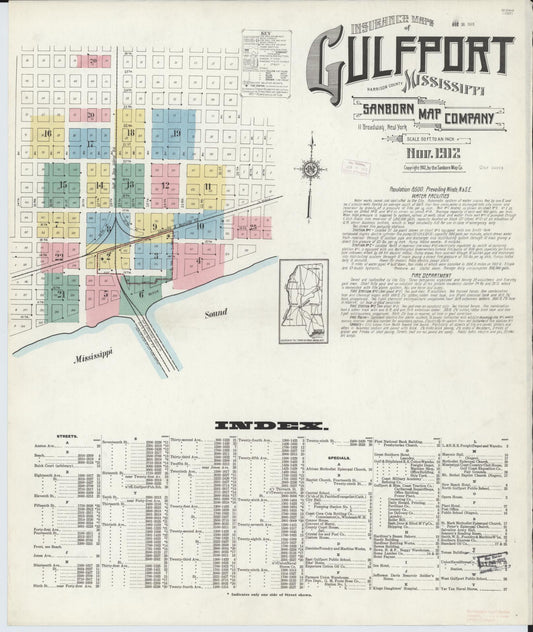 Sanborn Fire Insurance Map from Gulfport, Harrison County, Mississippi (1912), Sheet #0001 - Historic Sanborn Fire Insurance Map Print, vintage old map wall art, antique decor, genealogy gift, Mississippi Mississippi map