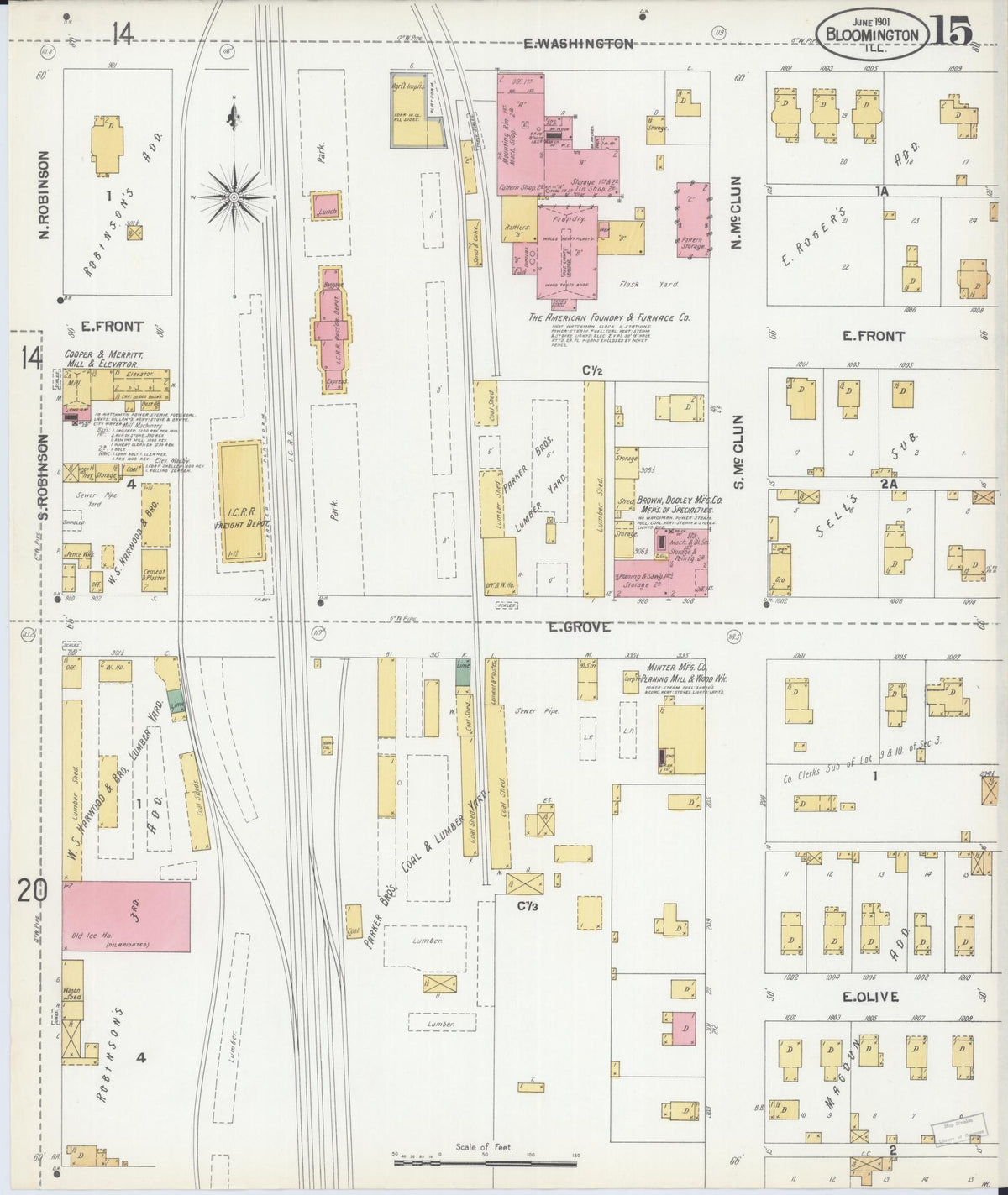 Sanborn Fire Insurance Map from Bloomington, McLean County, Illinois (1901), Sheet #0015 - Complete Map Set gallery image, historic Sanborn map, vintage wall art, Illinois Illinois