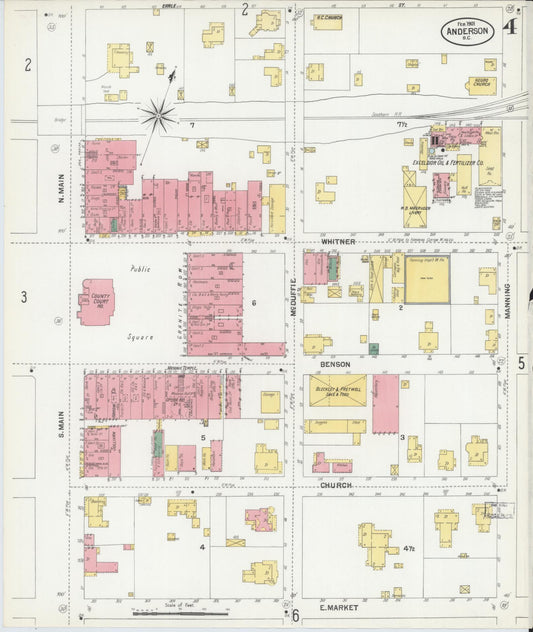 Sanborn Fire Insurance Map from Anderson, Anderson County, South Carolina (1901), Sheet #0004 - Historic Sanborn Fire Insurance Map Print, vintage old map wall art, antique decor, genealogy gift, South Carolina South Carolina map