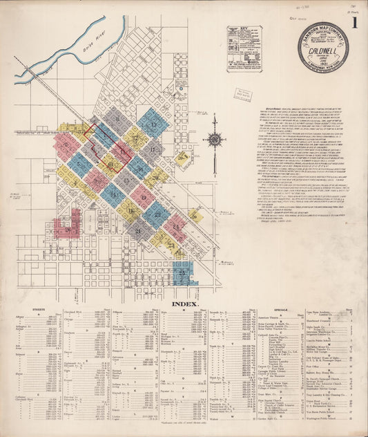 Sanborn Fire Insurance Map from Caldwell, Canyon County, Idaho (1921), Sheet #0001 - Historic Sanborn Fire Insurance Map Print, vintage old map wall art, antique decor, genealogy gift, Idaho Idaho map