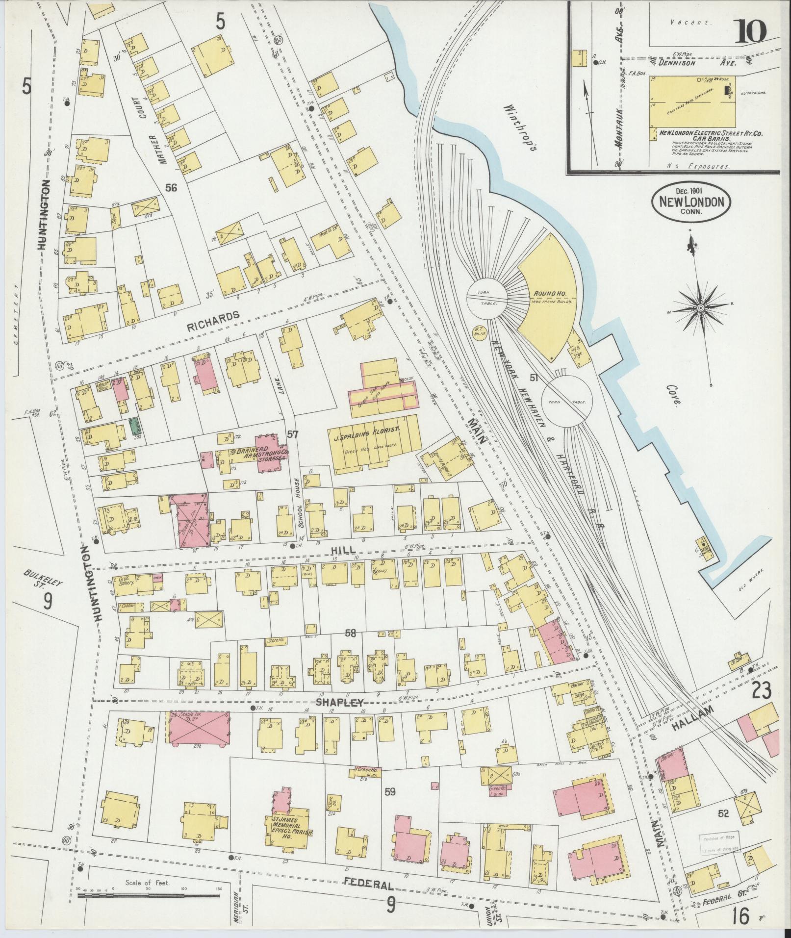 Sanborn Fire Insurance Map from New London, New London County, Connecticut (1901), Sheet #0010 - Complete Map Set gallery image, historic Sanborn map, vintage wall art, Connecticut Connecticut