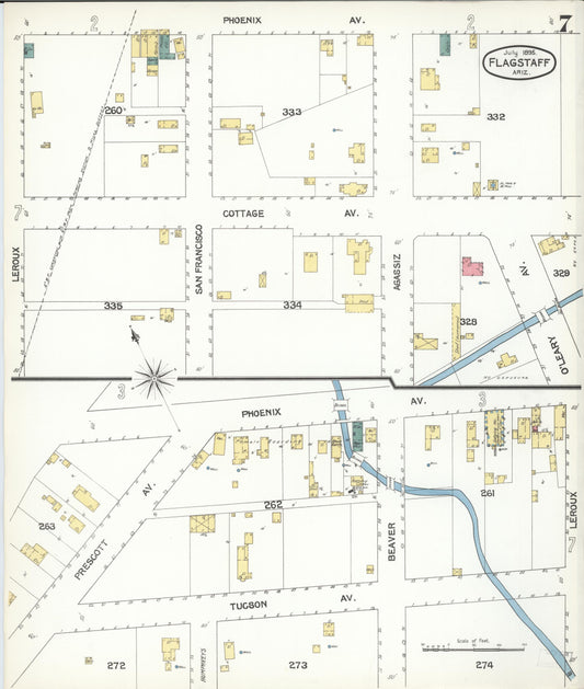Sanborn Fire Insurance Map from Flagstaff, Coconino County, Arizona (1895), Sheet #0007 - Historic Sanborn Fire Insurance Map Print, vintage old map wall art, antique decor, genealogy gift, Arizona Arizona map