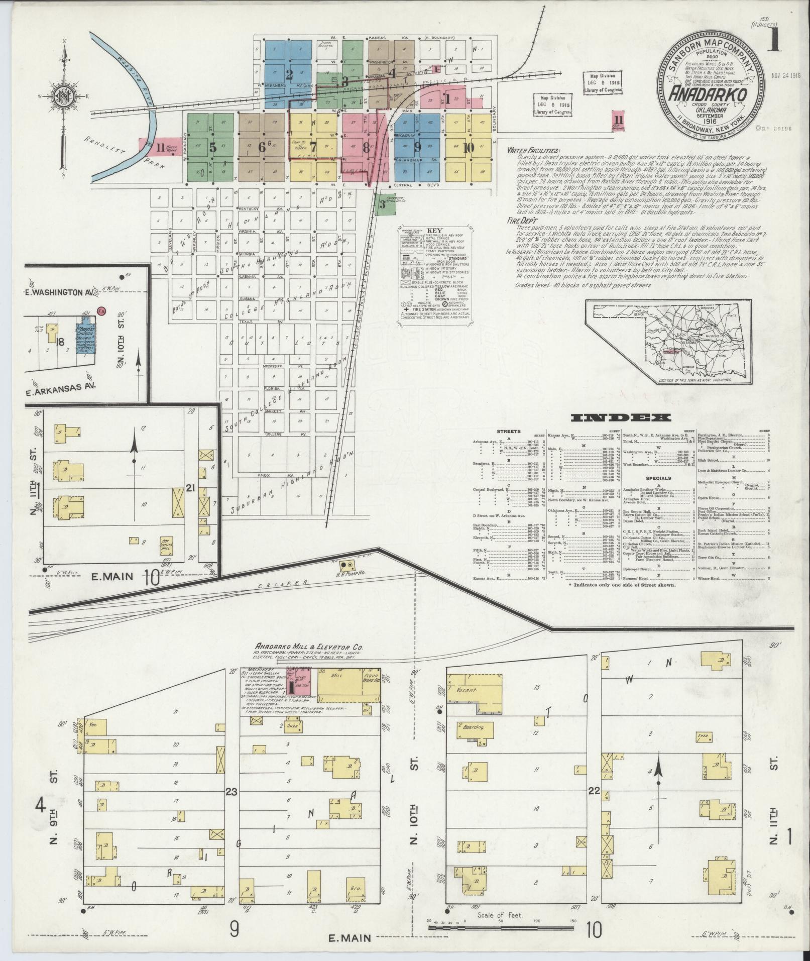 Sanborn Fire Insurance Map from Anadarko, Caddo County, Oklahoma (1916), Sheet #0001 - Complete Map Set gallery image, historic Sanborn map, vintage wall art, Oklahoma Oklahoma