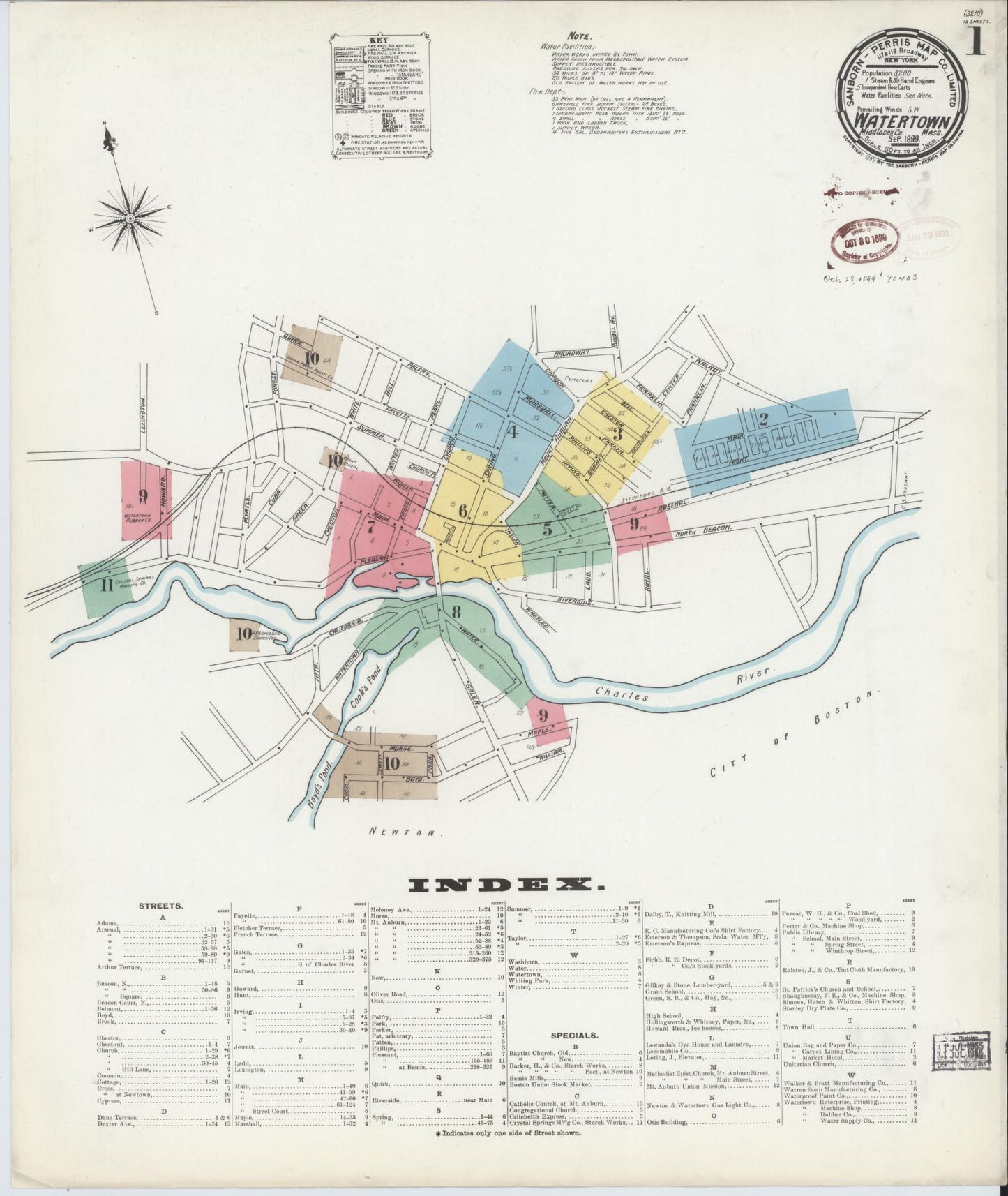 Sanborn Fire Insurance Map from Watertown, Middlesex County, Massachusetts (1899), Sheet #0001 - Complete Map Set gallery image, historic Sanborn map, vintage wall art, Massachusetts Massachusetts