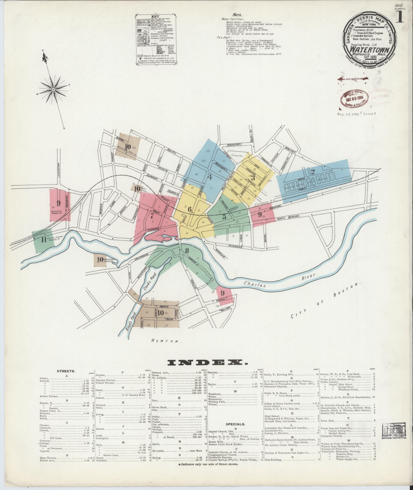Sanborn Fire Insurance Map from Watertown, Middlesex County, Massachusetts (1899), Sheet #0001 - Complete Map Set gallery image, historic Sanborn map, vintage wall art, Massachusetts Massachusetts