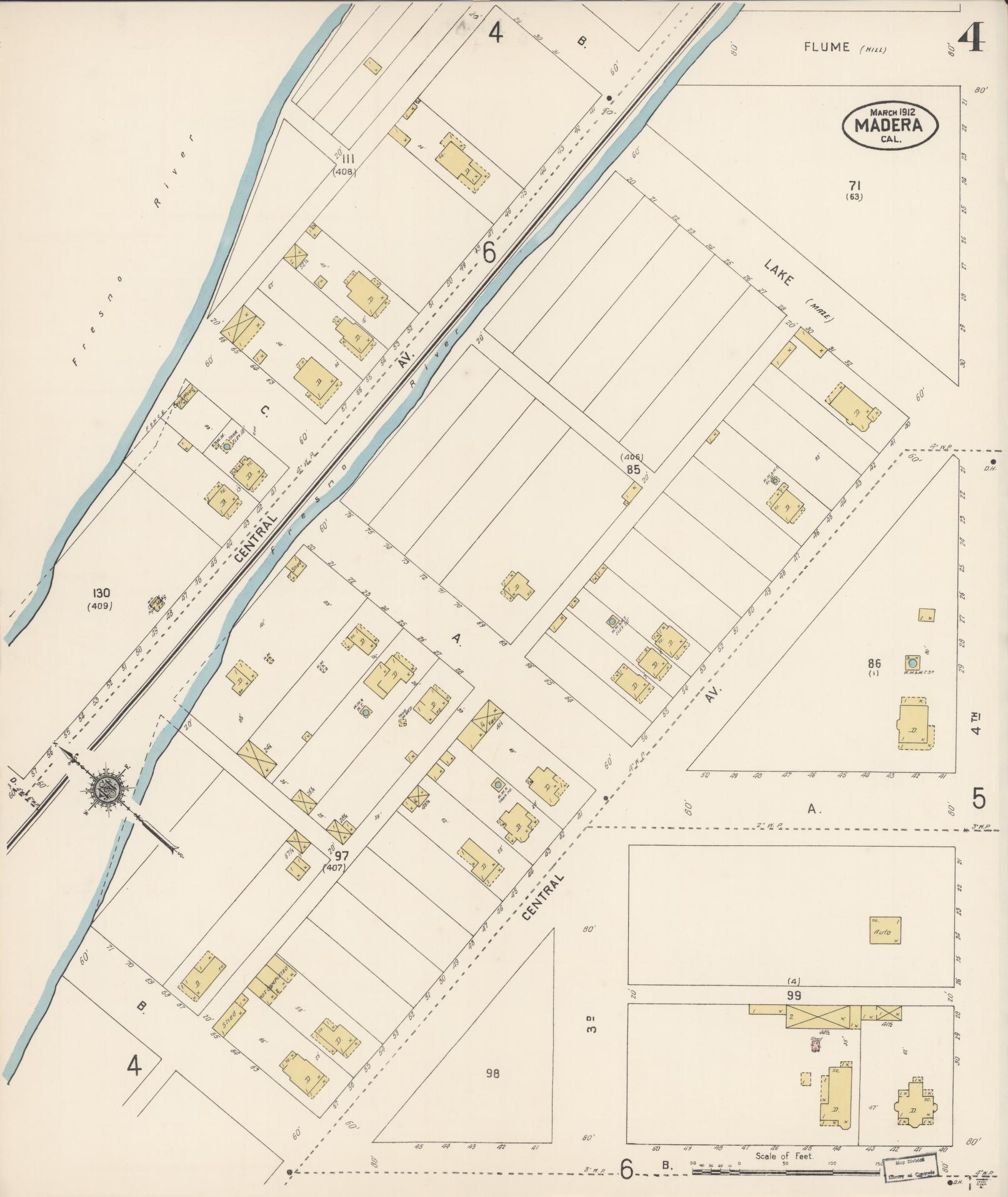 Sanborn Fire Insurance Map from Madera, Madera County, California (1912), Sheet #0004 - Historic Sanborn Fire Insurance Map Print, vintage old map wall art, antique decor, genealogy gift, California California map