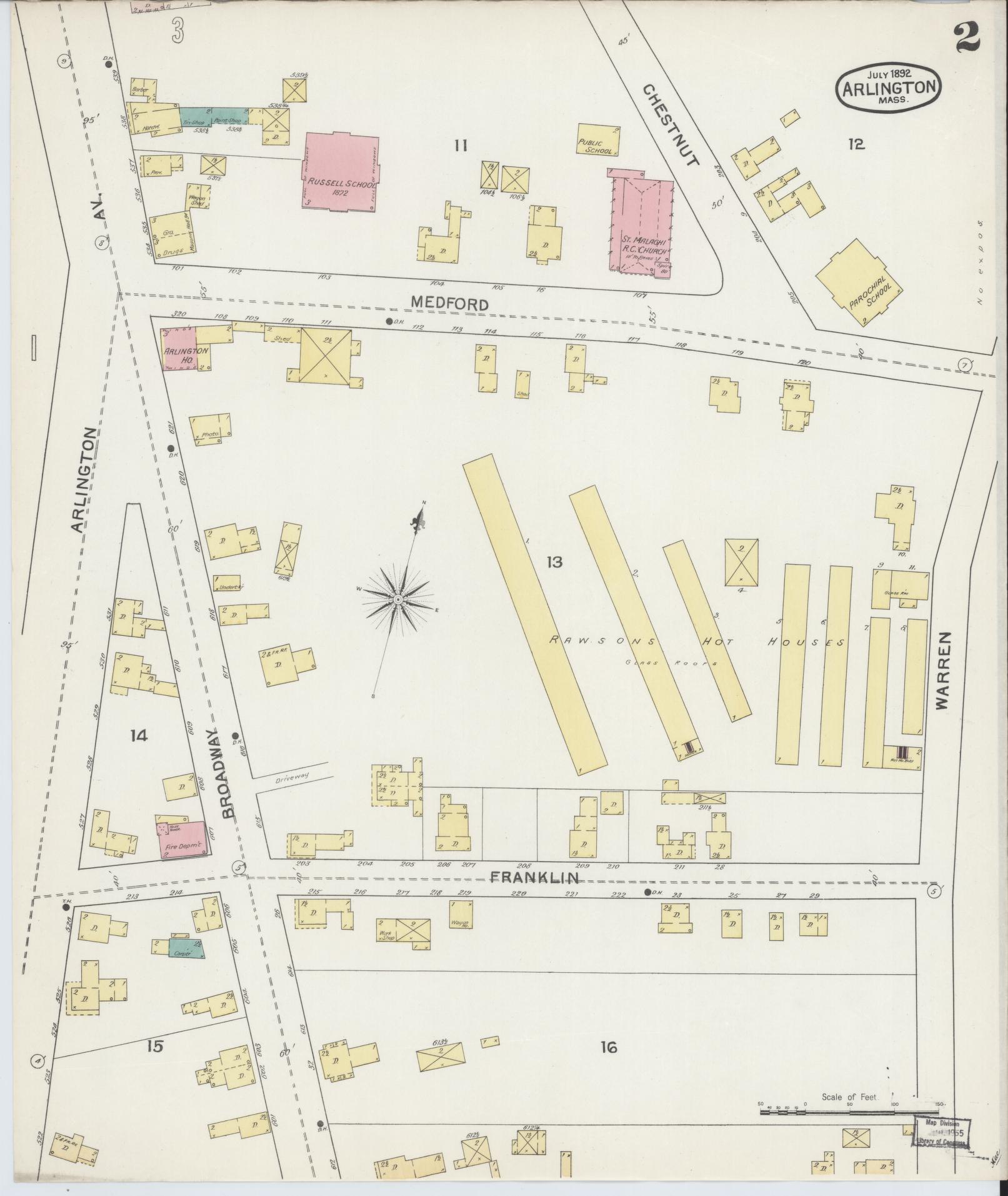 Sanborn Fire Insurance Map from Arlington, Middlesex County, Massachusetts (1892), Sheet #0002 - Complete Map Set gallery image, historic Sanborn map, vintage wall art, Massachusetts Massachusetts