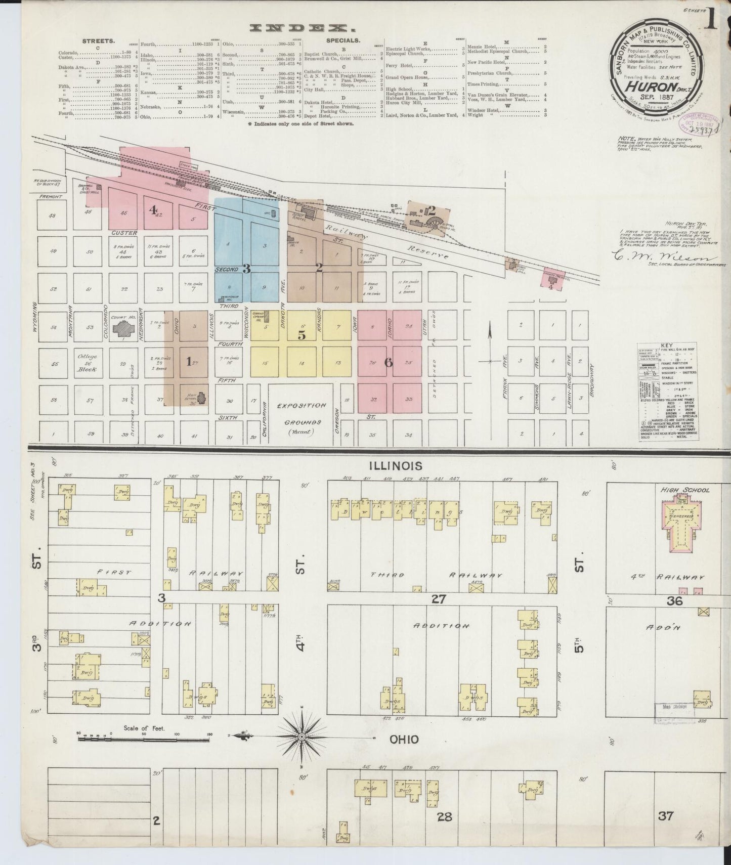 Sanborn Fire Insurance Map from Huron, Beadle County, South Dakota (1887), Sheet #0001 - Historic Sanborn Fire Insurance Map Print, vintage old map wall art, antique decor, genealogy gift, South Dakota South Dakota map