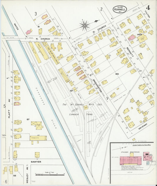 Sanborn Fire Insurance Map from Hornell, Steuben County, New York (1909), Sheet #0004 - Historic Sanborn Fire Insurance Map Print, vintage old map wall art, antique decor, genealogy gift, New York New York map
