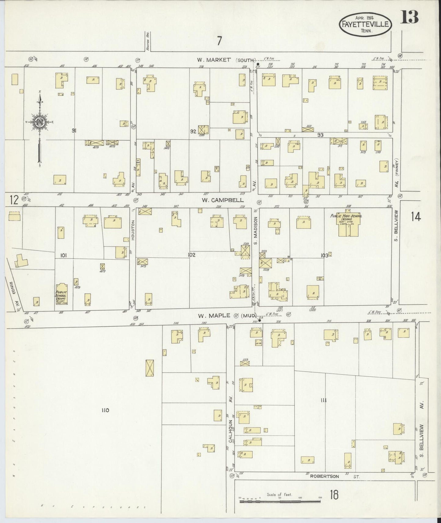 Sanborn Fire Insurance Map from Fayetteville, Lincoln County, Tennessee (1914), Sheet #0013 - Historic Sanborn Fire Insurance Map Print, vintage old map wall art, antique decor, genealogy gift, Tennessee Tennessee map
