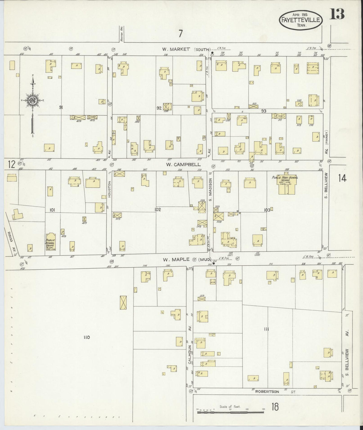 Sanborn Fire Insurance Map from Fayetteville, Lincoln County, Tennessee (1914), Sheet #0013 - Historic Sanborn Fire Insurance Map Print, vintage old map wall art, antique decor, genealogy gift, Tennessee Tennessee map