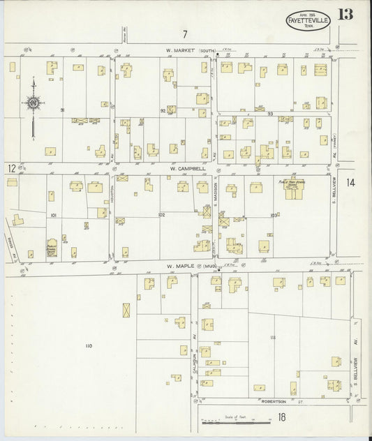 Sanborn Fire Insurance Map from Fayetteville, Lincoln County, Tennessee (1914), Sheet #0013 - Historic Sanborn Fire Insurance Map Print, vintage old map wall art, antique decor, genealogy gift, Tennessee Tennessee map