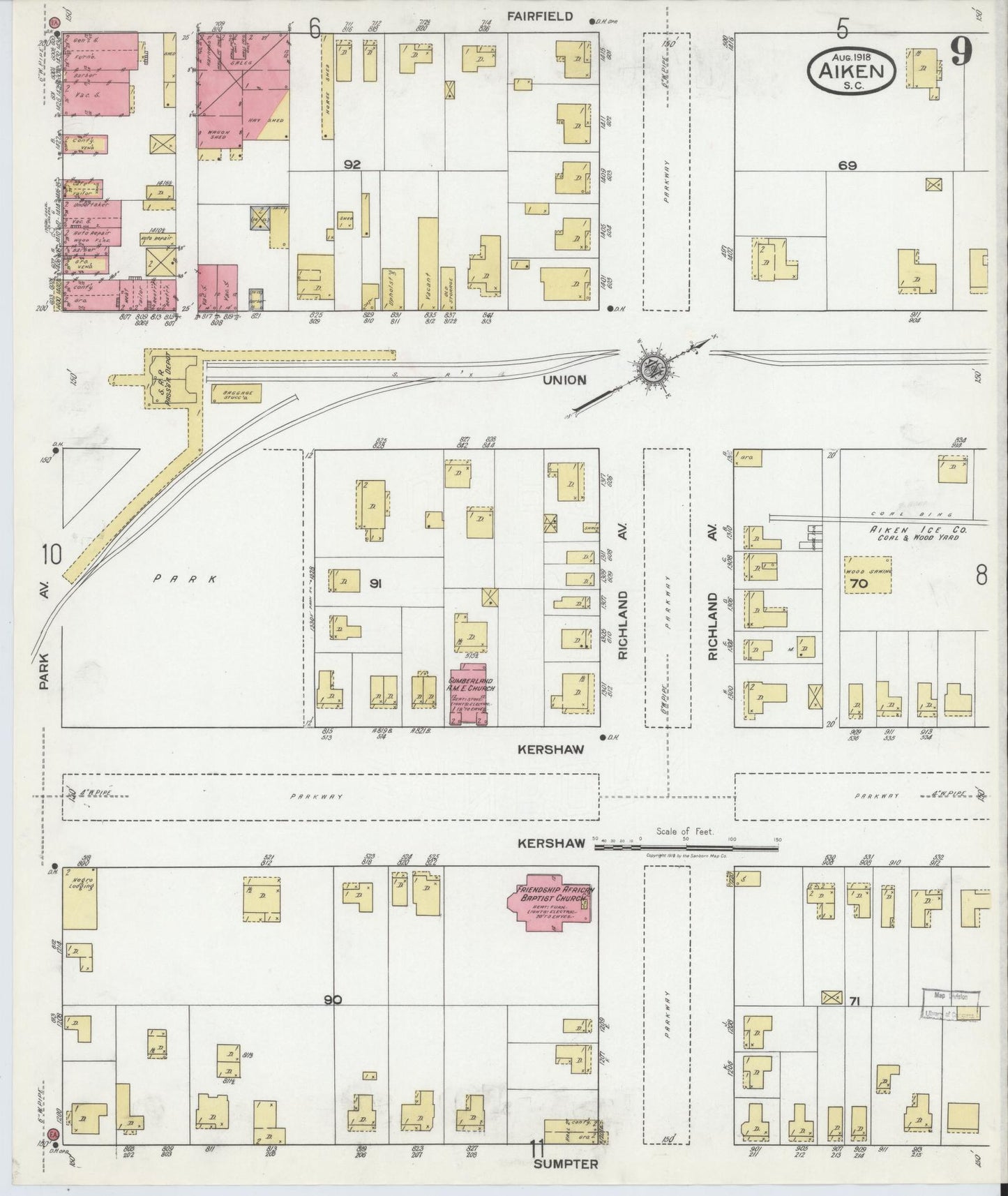 Sanborn Fire Insurance Map from Aiken, Aiken County, South Carolina (1918), Sheet #0009 - Complete Map Set gallery image, historic Sanborn map, vintage wall art, South Carolina South Carolina