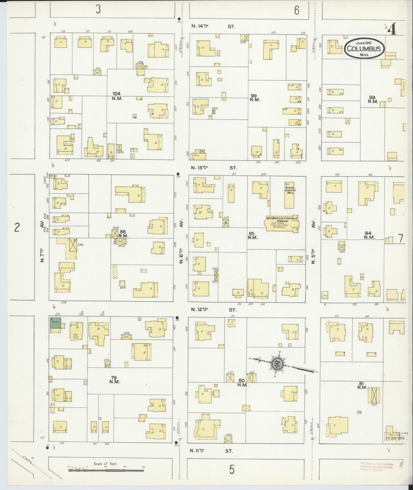 Sanborn Fire Insurance Map from Columbus, Lowndes County, Mississippi (1910), Sheet #0004 - Historic Sanborn Fire Insurance Map Print, vintage old map wall art, antique decor, genealogy gift, Mississippi Mississippi map