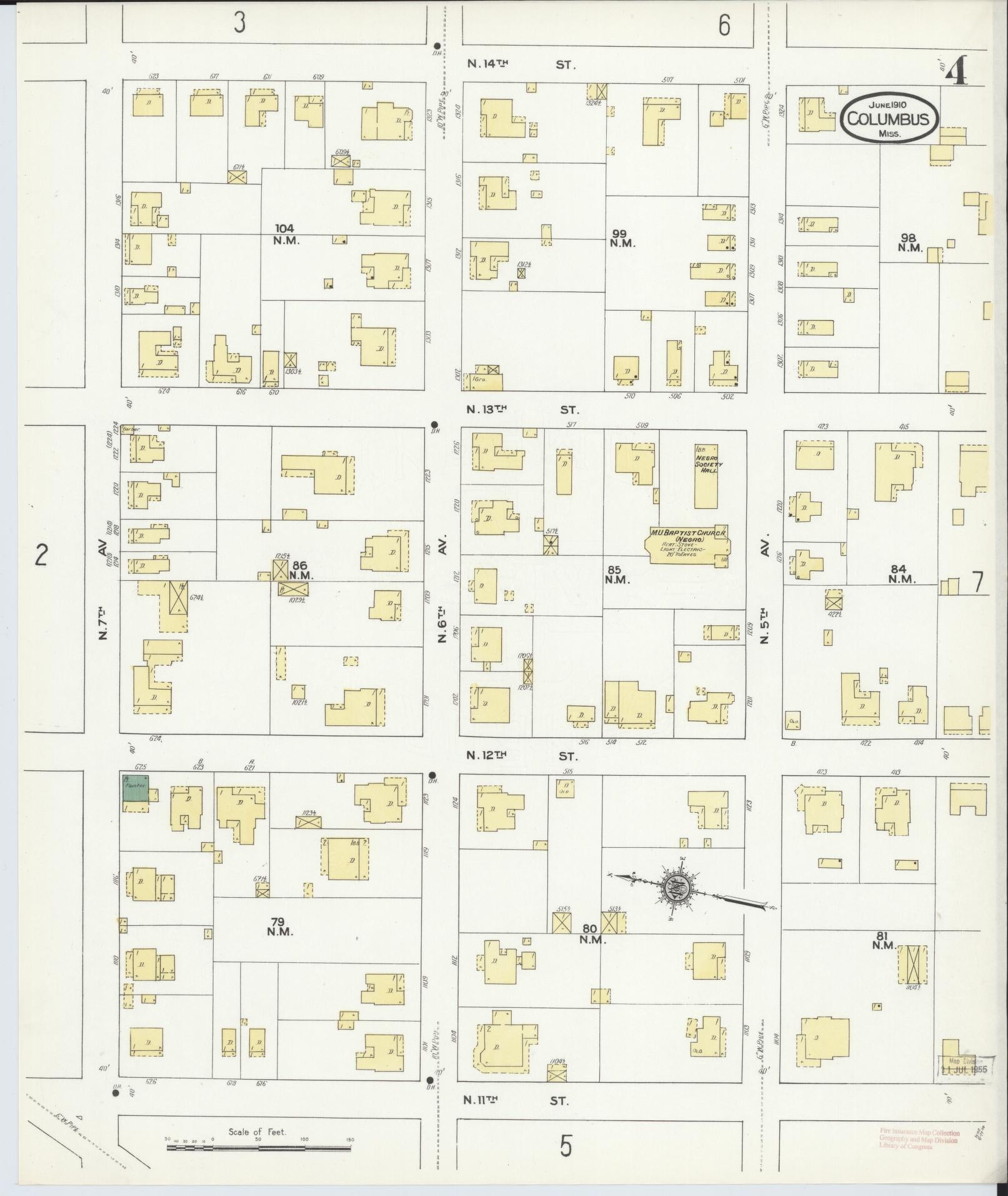 Sanborn Fire Insurance Map from Columbus, Lowndes County, Mississippi (1910), Sheet #0004 - Historic Sanborn Fire Insurance Map Print, vintage old map wall art, antique decor, genealogy gift, Mississippi Mississippi map