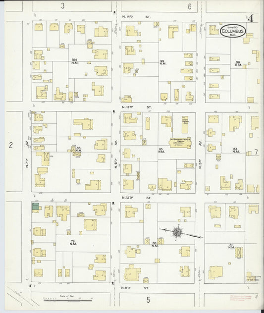 Sanborn Fire Insurance Map from Columbus, Lowndes County, Mississippi (1910), Sheet #0004 - Historic Sanborn Fire Insurance Map Print, vintage old map wall art, antique decor, genealogy gift, Mississippi Mississippi map
