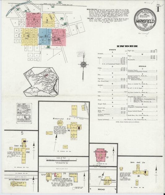 Sanborn Fire Insurance Map from Mansfield, Tarrant County, Texas (1921), Sheet #0001 - Historic Sanborn Fire Insurance Map Print, vintage old map wall art, antique decor, genealogy gift, Texas Texas map