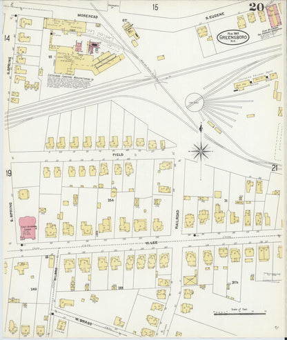 Sanborn Fire Insurance Map from Greensboro, Guilford County, North Carolina (1907), Sheet #0020 - Complete Map Set gallery image, historic Sanborn map, vintage wall art, North Carolina North Carolina