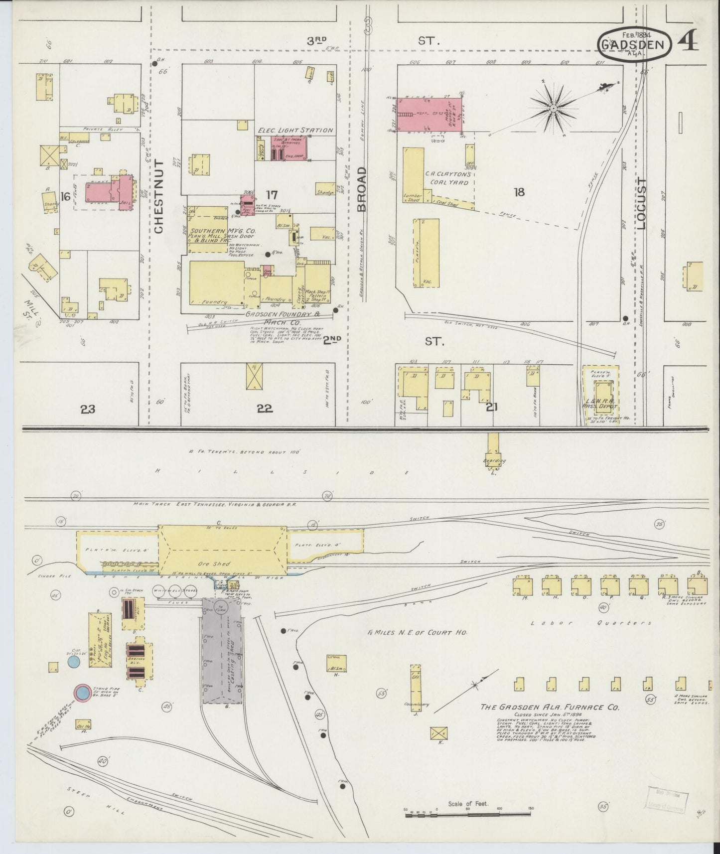 Sanborn Fire Insurance Map from Gadsden, Etowah County, Alabama (1894), Sheet #0004 - Historic Sanborn Fire Insurance Map Print, vintage old map wall art, antique decor, genealogy gift, Alabama Alabama map