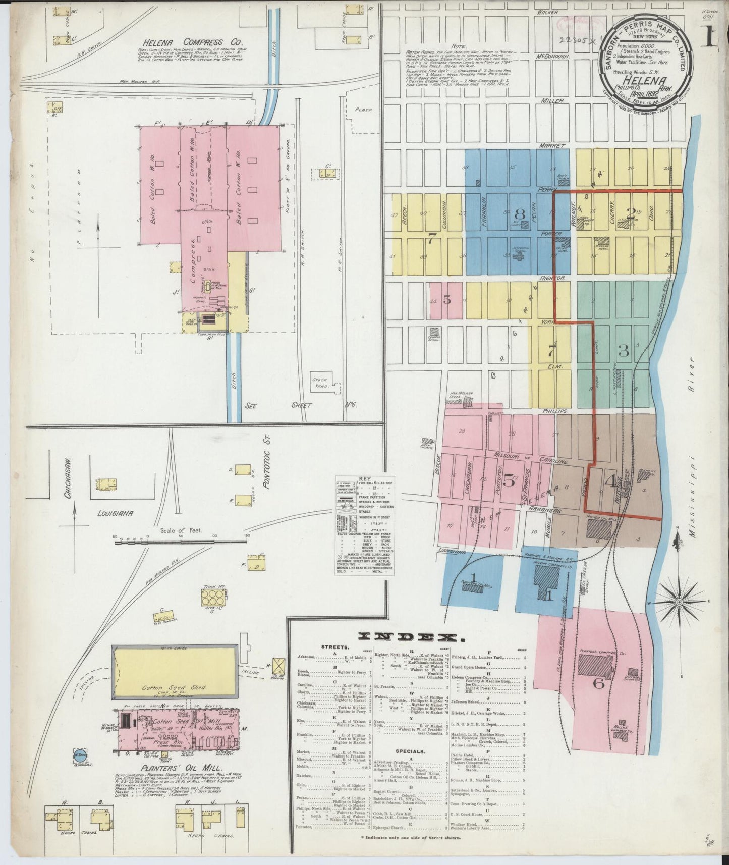 Sanborn Fire Insurance Map from Helena, Phillips County, Arkansas (1892), Sheet #0001 - Complete Map Set gallery image, historic Sanborn map, vintage wall art, Arkansas Arkansas
