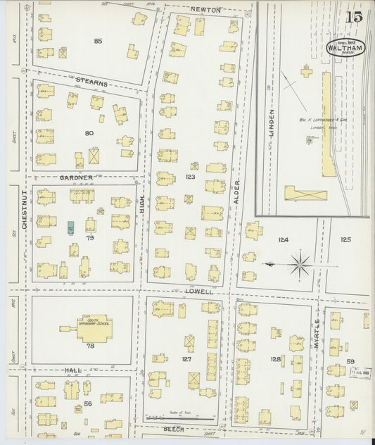Sanborn Fire Insurance Map from Waltham, Middlesex County, Massachusetts (1892), Sheet #0015 - Historic Sanborn Fire Insurance Map Print, vintage old map wall art, antique decor, genealogy gift, Massachusetts Massachusetts map