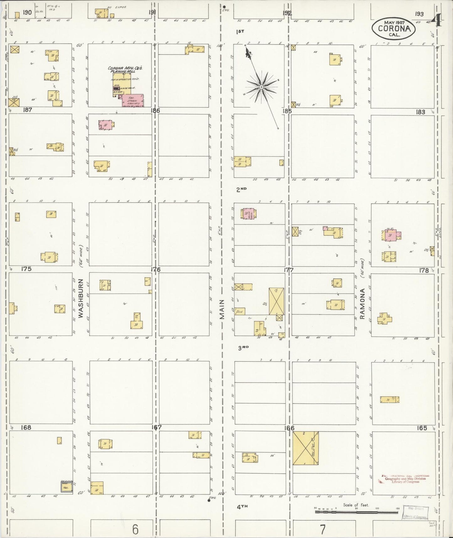Sanborn Fire Insurance Map from Corona, Riverside County, California (1907), Sheet #0004 - Complete Map Set gallery image, historic Sanborn map, vintage wall art, California California