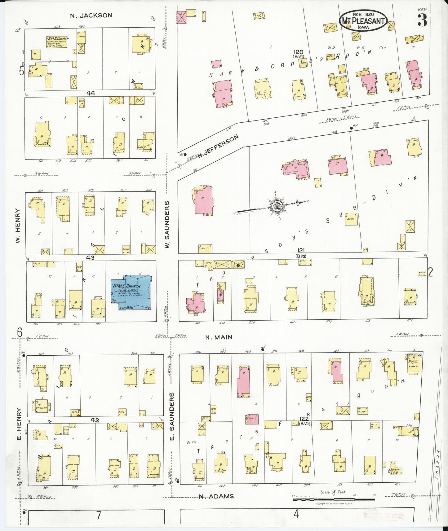 Sanborn Fire Insurance Map from Mount Pleasant, Henry County, Iowa (1920), Sheet #0003 - Historic Sanborn Fire Insurance Map Print