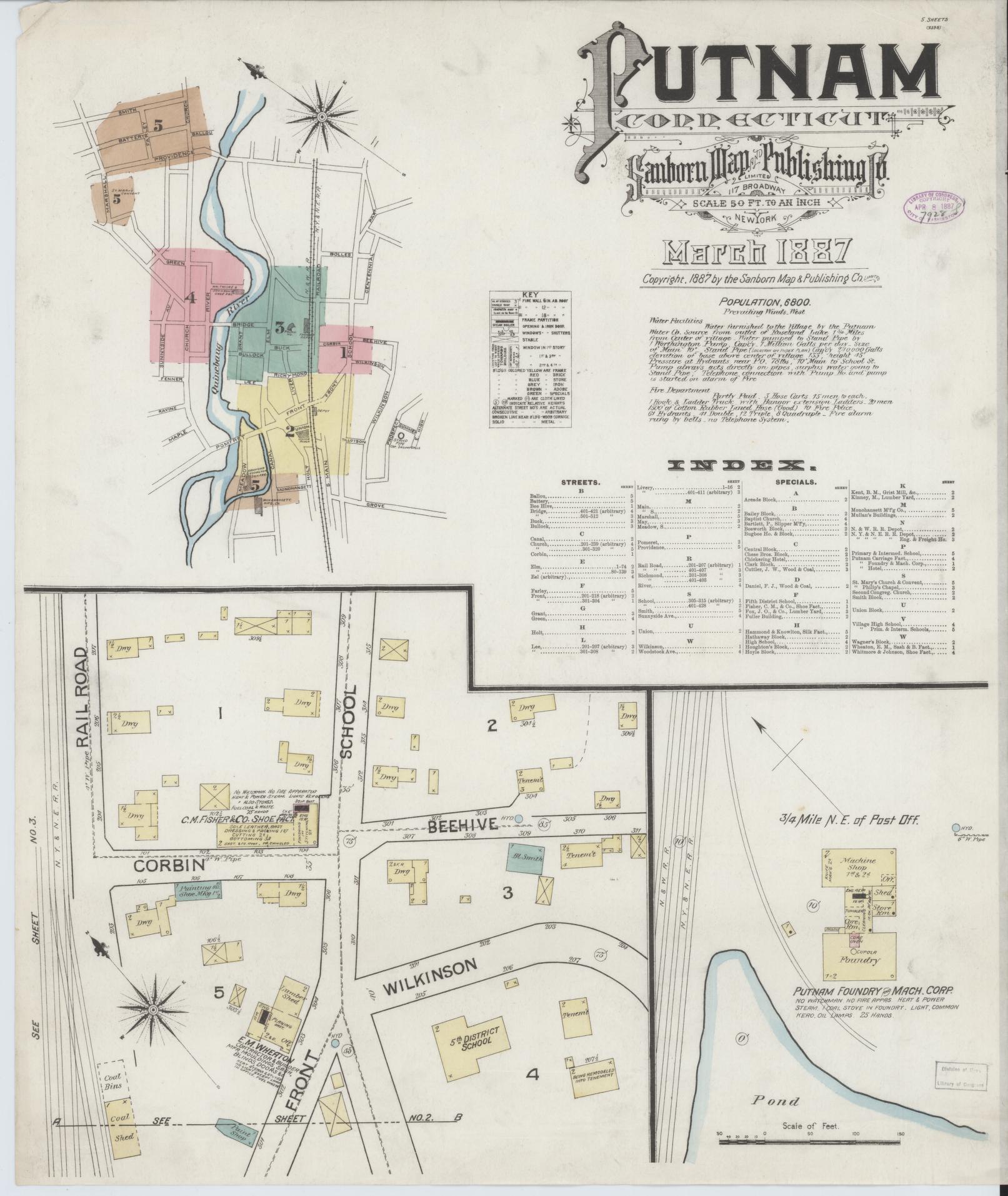 Sanborn Fire Insurance Map from Putnam, Windham County, Connecticut (1887), Sheet #0001 - Historic Sanborn Fire Insurance Map Print, vintage old map wall art, antique decor, genealogy gift, Connecticut Connecticut map