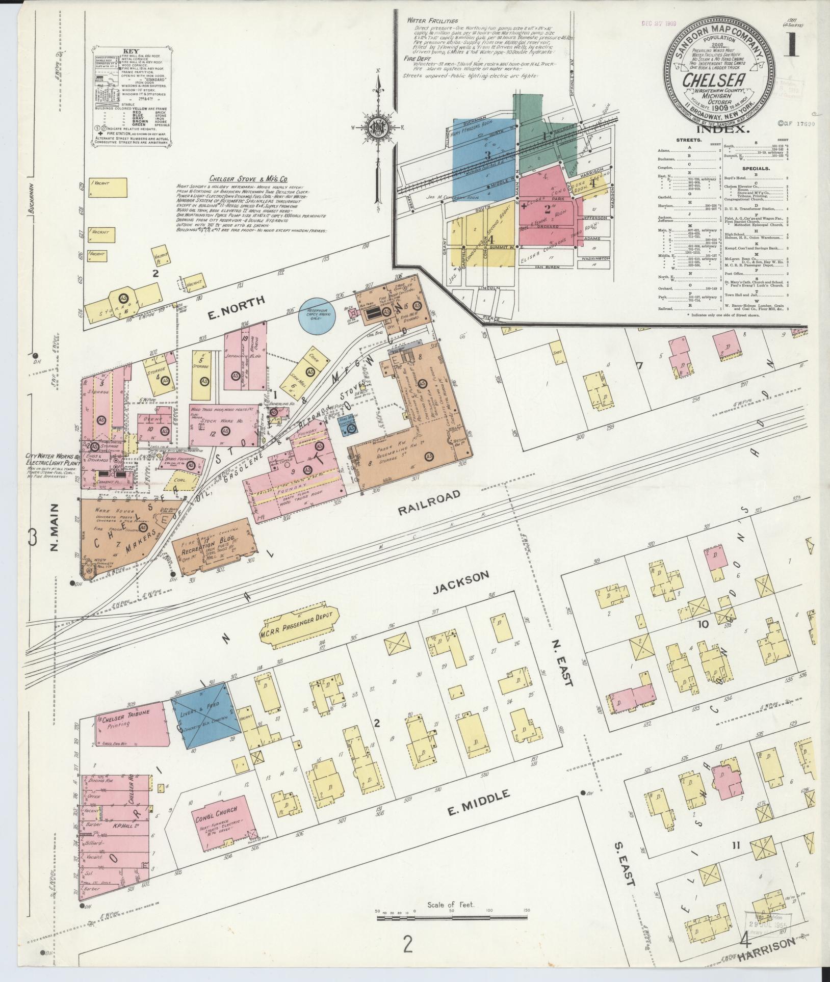 Sanborn Fire Insurance Map from Chelsea, Washtenaw County, Michigan (1909), Sheet #0001 - Complete Map Set gallery image, historic Sanborn map, vintage wall art, Michigan Michigan