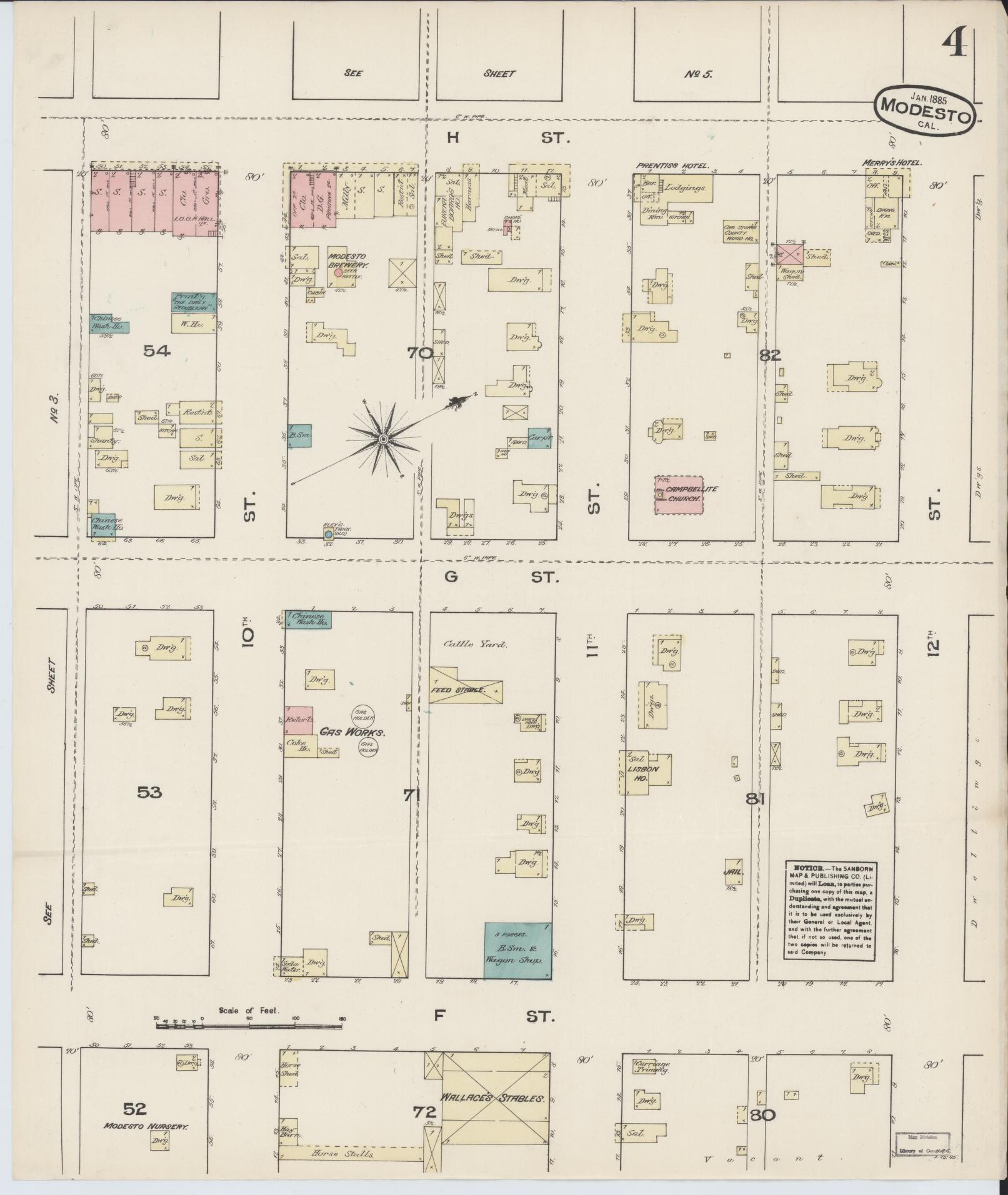 Sanborn Fire Insurance Map from Modesto, Stanislaus County, California (1885), Sheet #0004 - Complete Map Set gallery image, historic Sanborn map, vintage wall art, California California