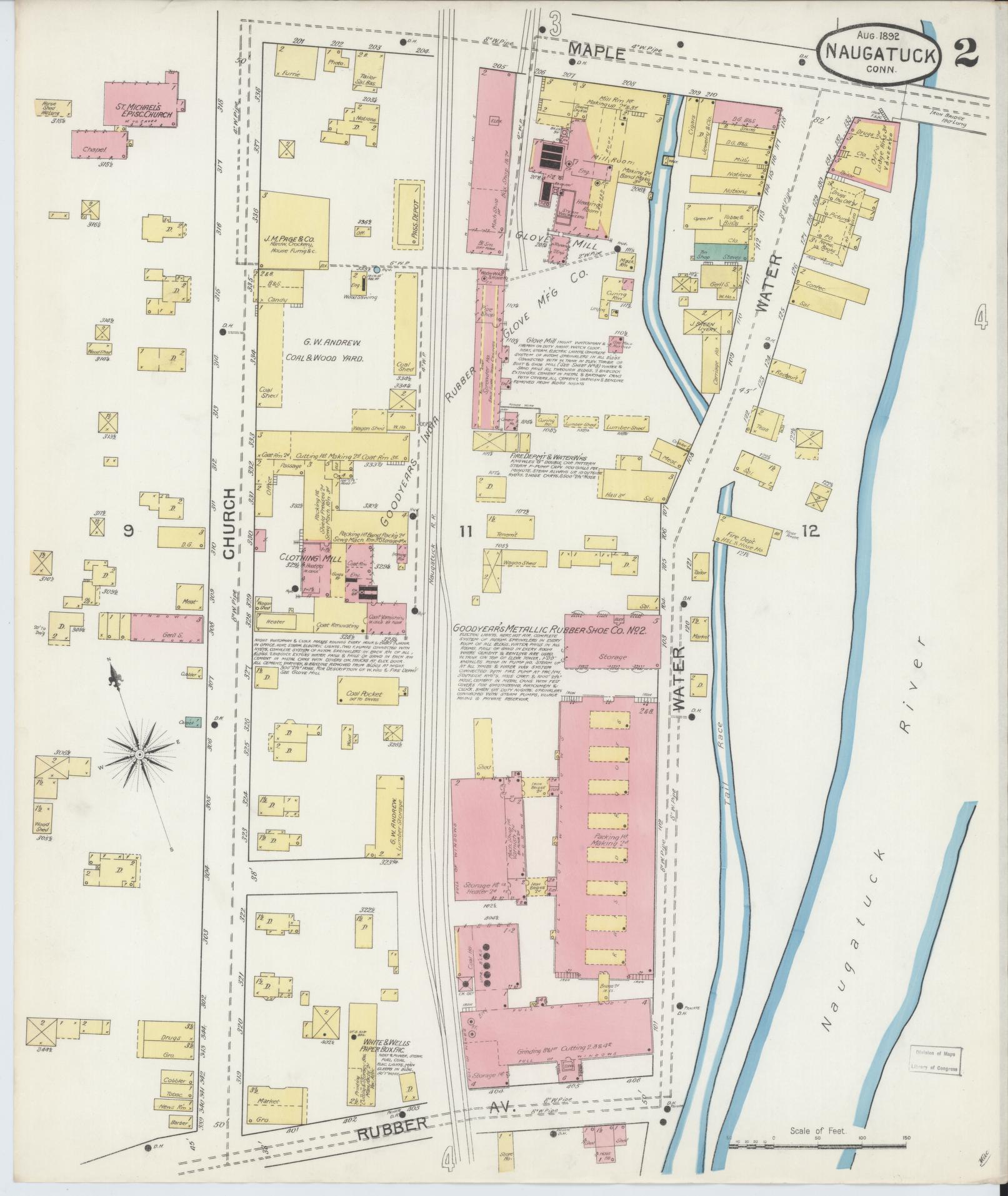 Sanborn Fire Insurance Map from Naugatuck, New Haven County, Connecticut (1892), Sheet #0002 - Complete Map Set gallery image, historic Sanborn map, vintage wall art, Connecticut Connecticut