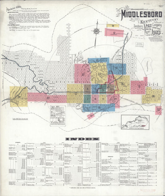 Sanborn Fire Insurance Map from Middlesboro, Bell County, Kentucky (1923), Sheet #0001 - Historic Sanborn Fire Insurance Map Print, vintage old map wall art, antique decor, genealogy gift, Kentucky Kentucky map