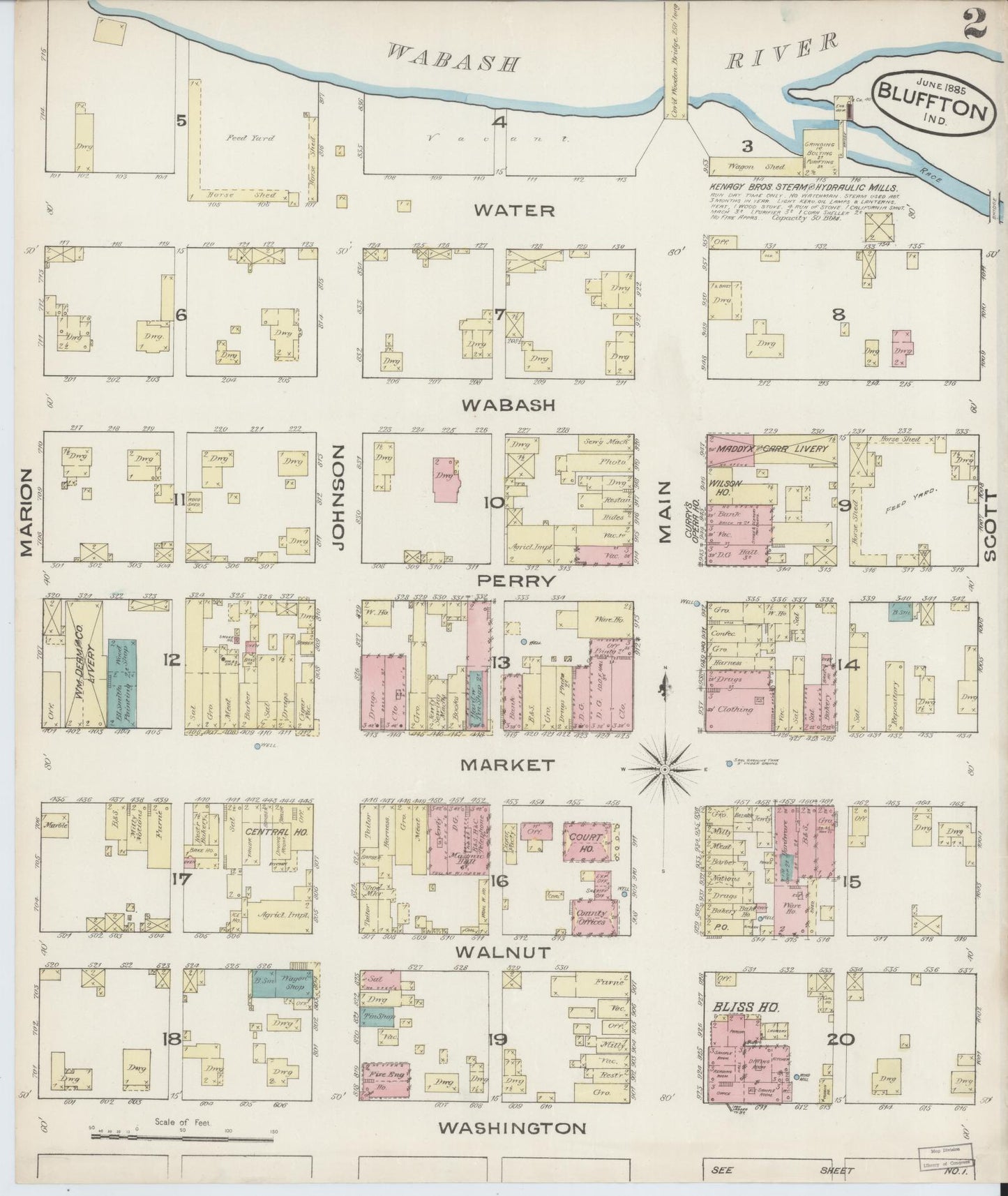 Sanborn Fire Insurance Map from Bluffton, Wells County, Indiana (1885), Sheet #0002 - Historic Sanborn Fire Insurance Map Print, vintage old map wall art, antique decor, genealogy gift, Indiana Indiana map