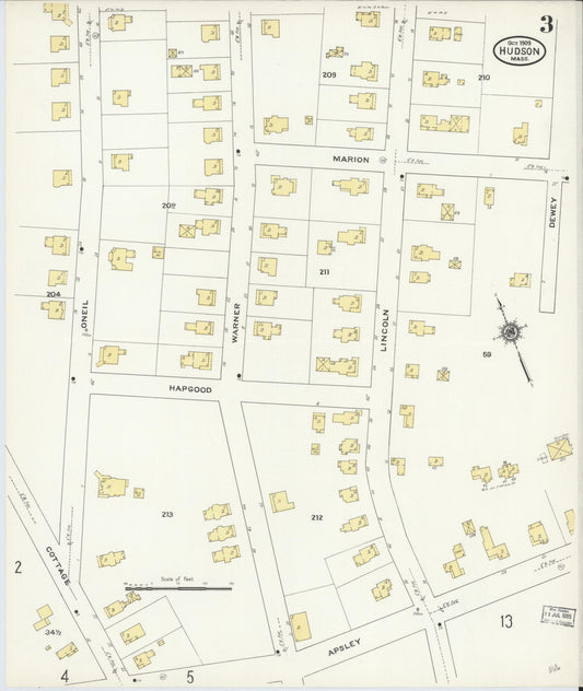 Sanborn Fire Insurance Map from Hudson, Middlesex County, Massachusetts (1909), Sheet #0003 - Historic Sanborn Fire Insurance Map Print, vintage old map wall art, antique decor, genealogy gift, Massachusetts Massachusetts map