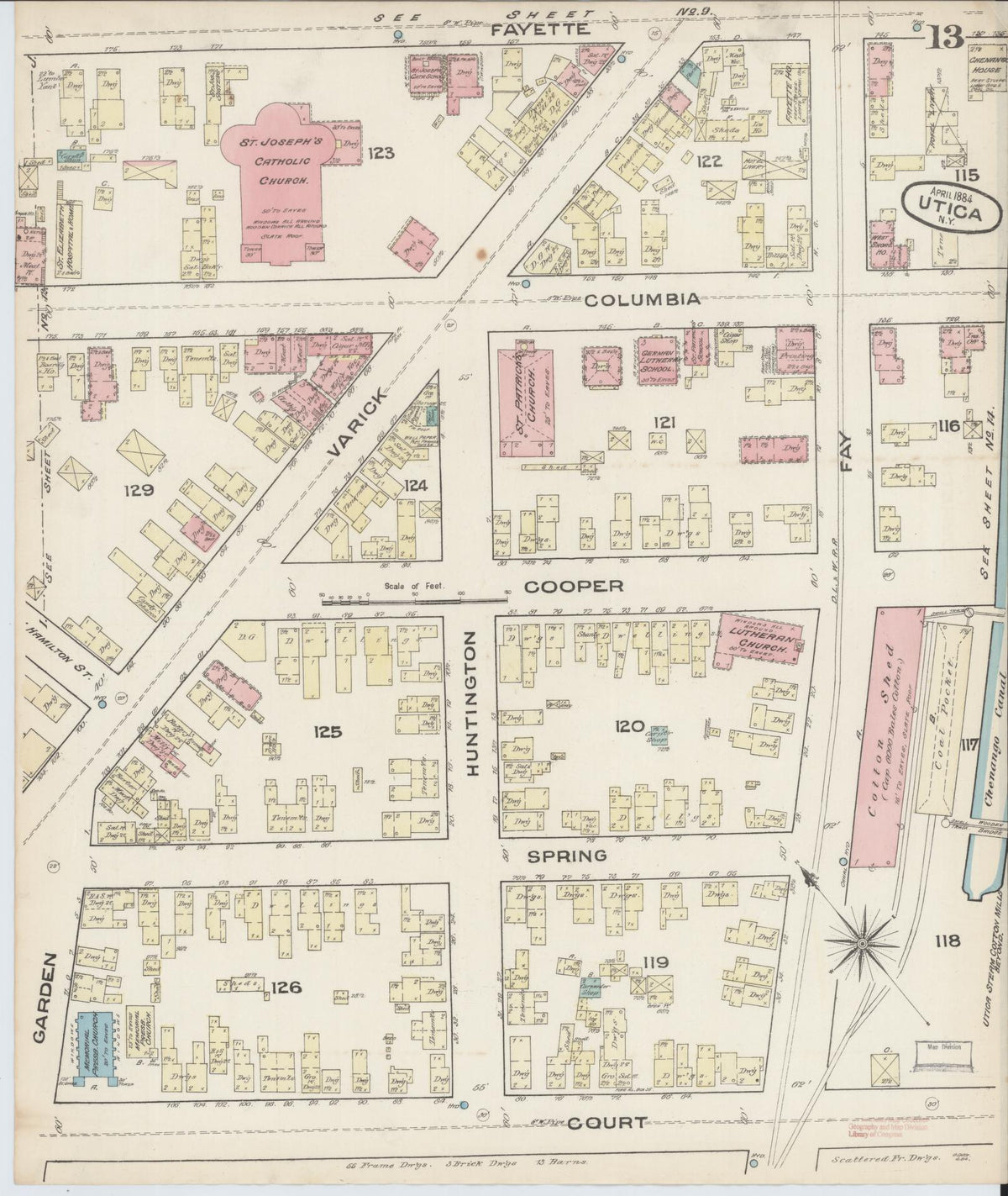 Sanborn Fire Insurance Map from Utica, Oneida County, New York (1884), Sheet #0013 - Historic Sanborn Fire Insurance Map Print, vintage old map wall art, antique decor, genealogy gift, New York New York map